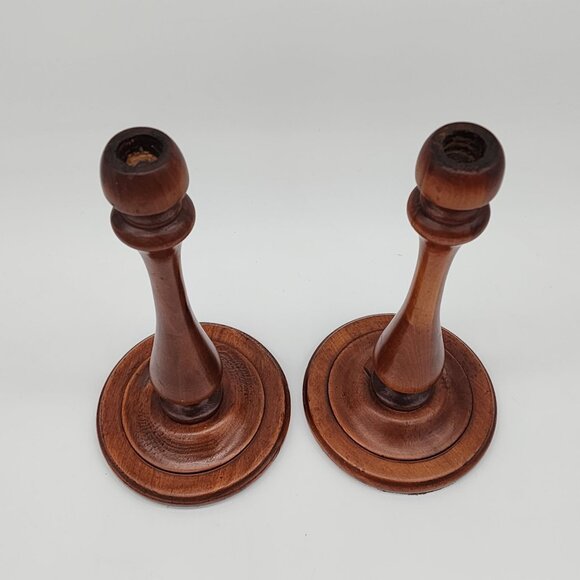 Vintage Wooden Candlestick Holder Large Smooth Design Pair Set of 2 12" - Picture 2 of 12